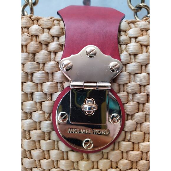 Michael Kors Santorini Straw Corn Husk Leather Trim Turn Lock Tote Shoulder Bag - Picture 4 of 16